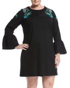 Embroidered Long-sleeve Shift Dress,