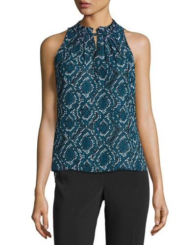 Pleated-neck Print Top, Blue