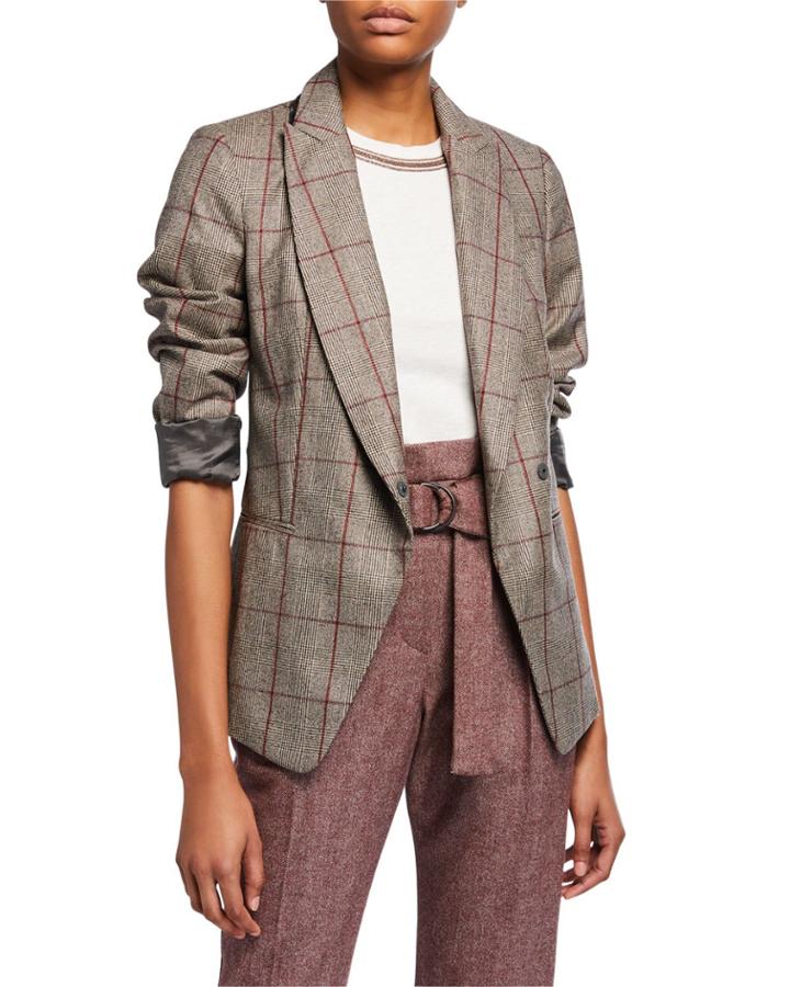 One-button Plaid Blazer W/ Paillette Under-collar