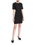 Short-sleeve Windowpane Jacquard Knit Dress W/ Knit Trim
