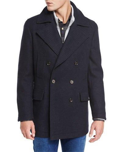 Plaid Wool Pea Coat, Navy