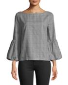 Glen Plaid Puff-sleeve Crepe Top