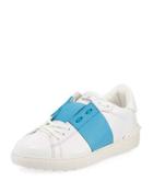 Men's Striped Leather Low-top Sneaker, White/blue