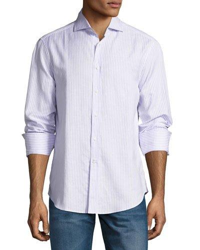 Linen-blend Striped Sport Shirt, White/lilac