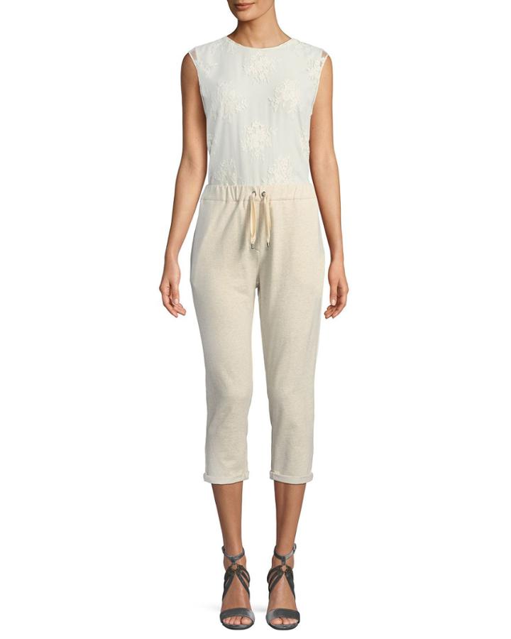 Bow-belt Lace-top Jogger Jumpsuit