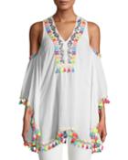 Cold-shoulder Embroidered Tassel Coverup Tunic