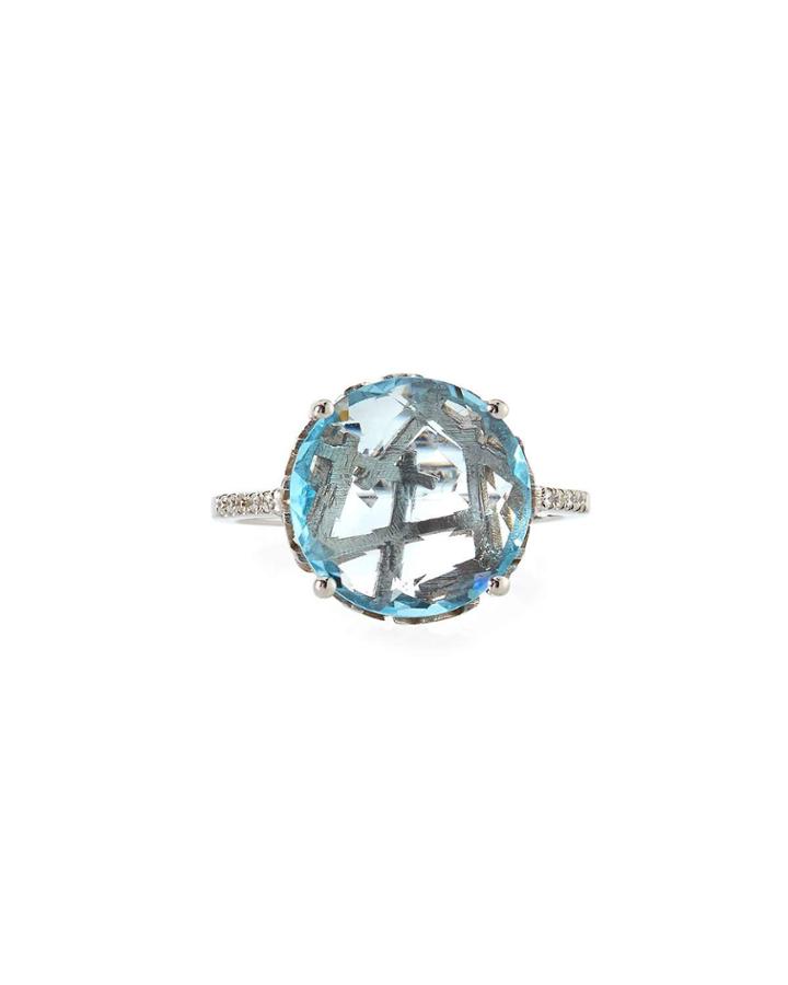 14k White Gold Round Blue Topaz Ring W/ Sapphire Sides,