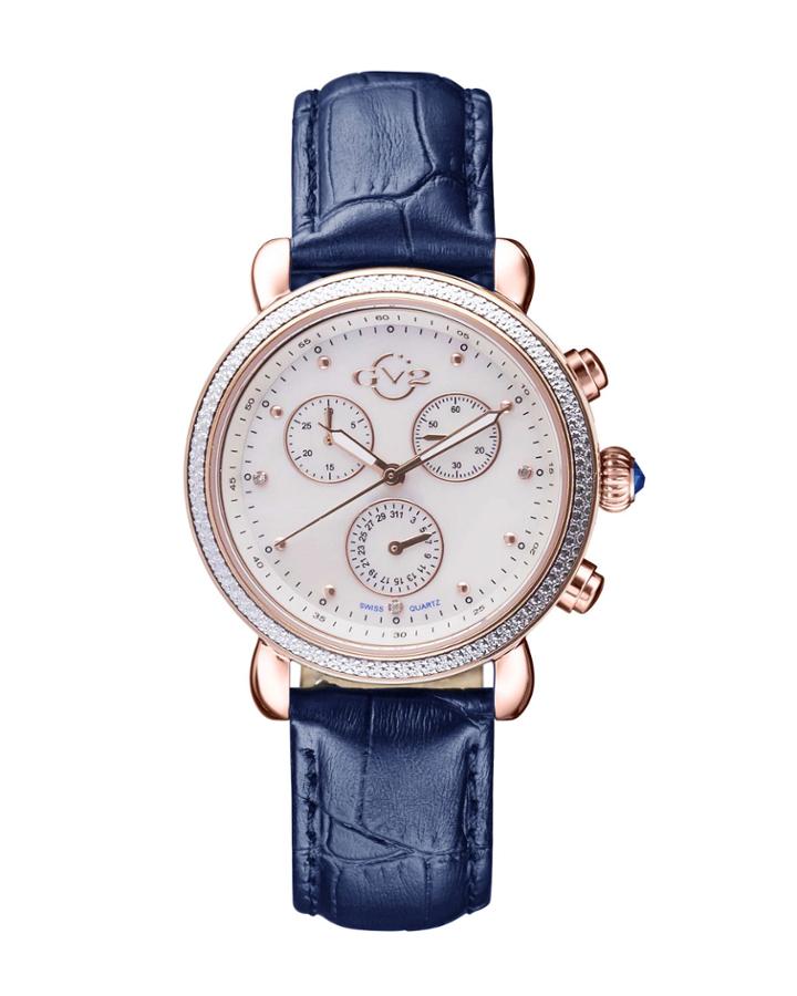 Swiss Quartz Chronograph Marsala Blue Diamond Leather