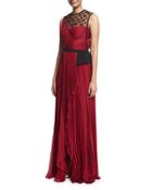 Sleeveless Embellished Plisse Gown, Ruby/noir