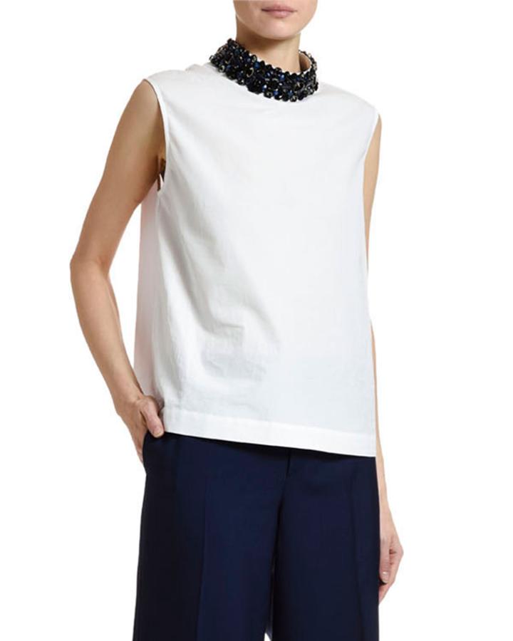 Sleeveless Cotton Poplin Jewel-neck Blouse