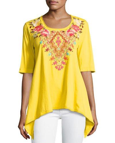 Floral-embroidered Trapeze Tee, Yellow
