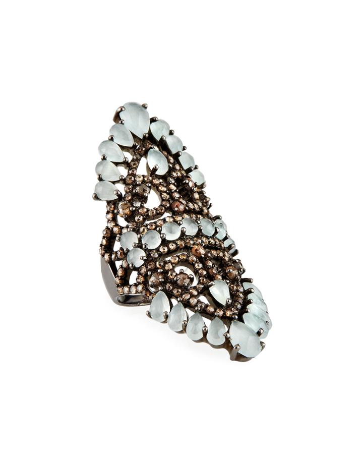 Elongated Aquamarine Diamond Pave Ring,