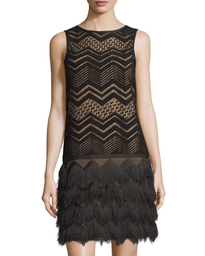 Max Studio Zigzag Fringe Dress, Black/nude, Women's, Size: Large, Black/ Nud