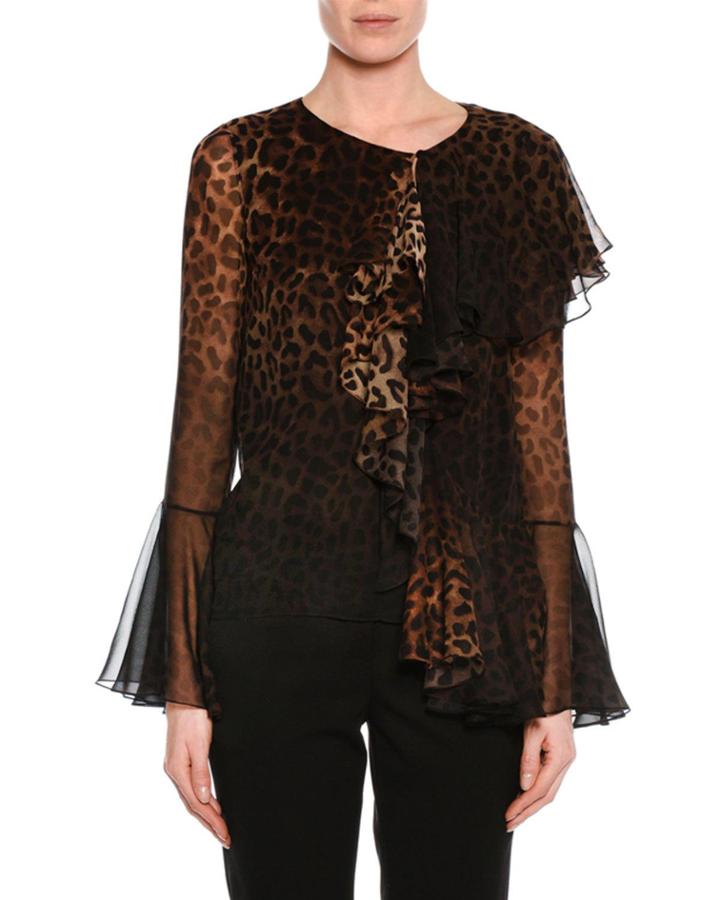 Ruffle-front Jaguar-print Blouse