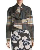 Wool-blend Plaid Tie-neck Shirt, Brown/multicolor