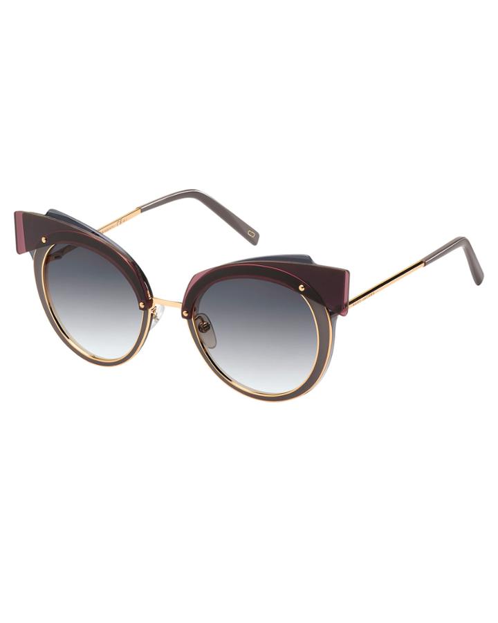 Gradient Round Sunglasses W/ Layered Brow, Dark Red/gray