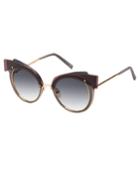 Gradient Round Sunglasses W/ Layered Brow, Dark Red/gray