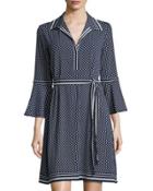 Belted Polka-dot Shirtdress, Blue Pattern