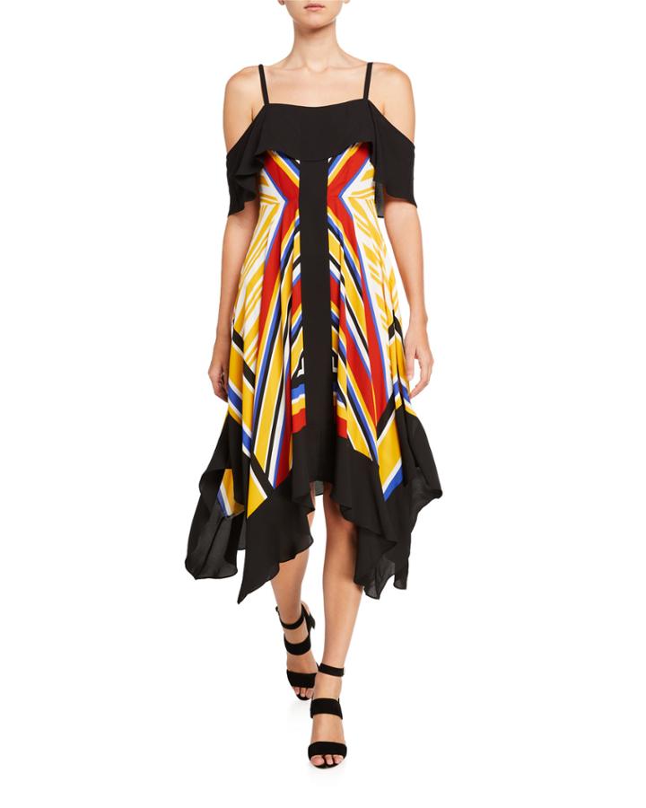 Stripe-print Asymmetric Cold-shoulder Dress