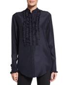 Ruffled-bib Long-sleeve Blouse, Dark Navy