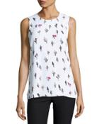 Cactus-print Sleeveless Blouse, White