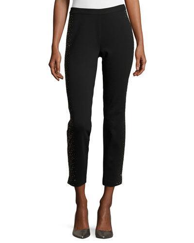 Slim Ponte Embellished Skinny Pants, Black/gold