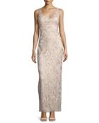 Sleeveless Embroidered Column Gown, Champagne