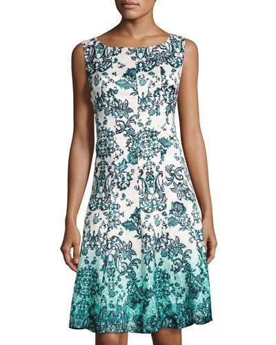 Magic-waist Printed Dress, White/blue