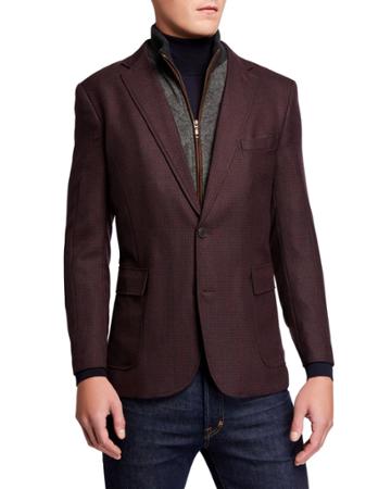 Men's Check Wool-blend Sport Coat W/ Zip-out Bib