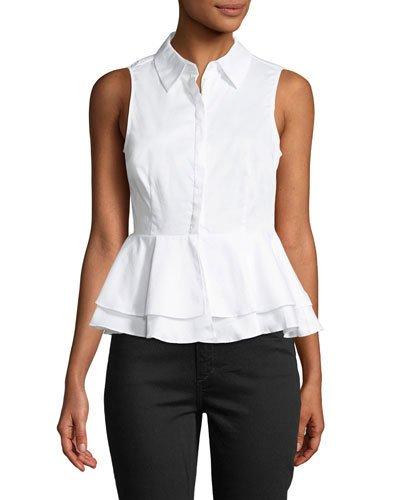 Sleeveless Button-front Peplum Cotton Blouse