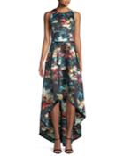 Crisscross-back Printed High-low Gown
