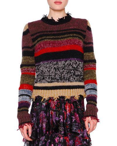 Long-sleeve Raw-edge Striped Sweater, Violet/multi