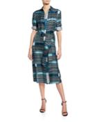 Plaid-print Belted Midi Button-down Dress