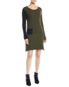 Long-sleeve Colorblock Cotton-cashmere Dress W/ Patch Pocket