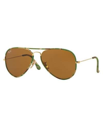 Camo-print Aviator Sunglasses, Green/brown