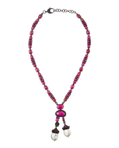 Long Composite Ruby, Diamond & Pearl Pendant Necklace
