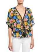 Ava Floral V-neck Short-sleeve Smock Waist Tassel Top