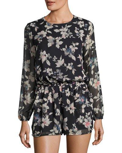 Theresa Floral Long-sleeve Romper, Black/multi