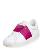 Striped Leather Low-top Sneaker, White/pink