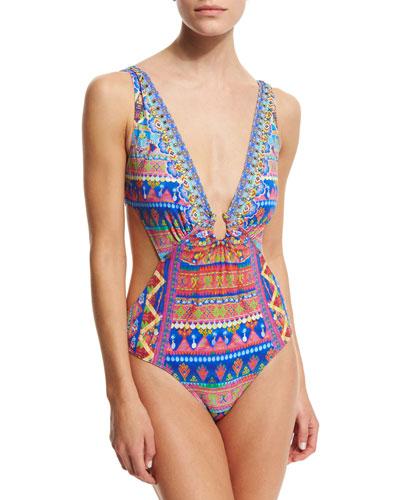 Plunge-neck Printed Cutout One-piece