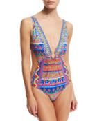 Plunge-neck Printed Cutout One-piece
