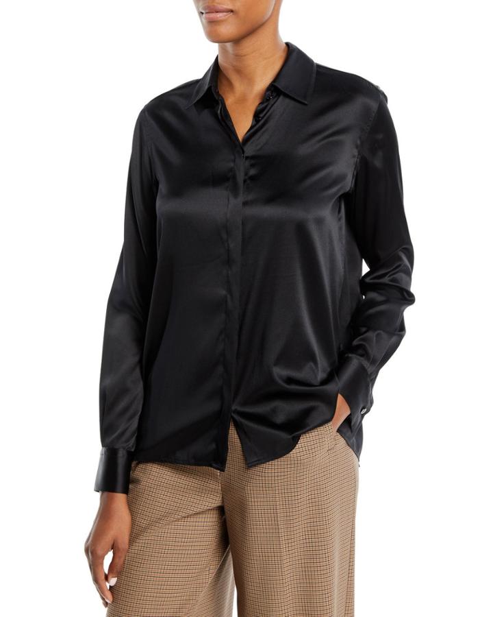 Long-sleeve Button-front Drape-back Silk