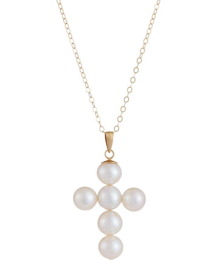 14k Akoya Pearl Cross Pendant Necklace, White