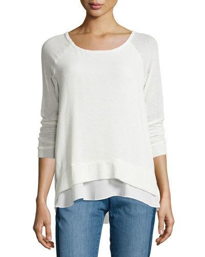 Layered Lace-up-back Knit Combo Sweater, Ivory/ivory