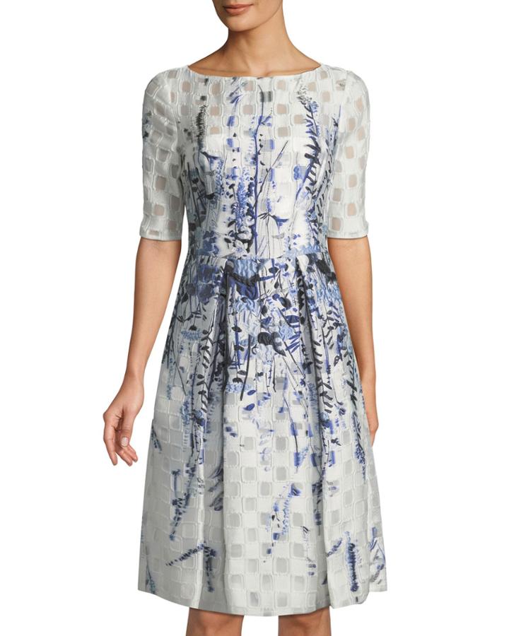 Embroidered Elbow-sleeve Fit & Flare Dress
