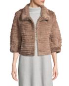 Elbow-sleeve Rabbit Fur Bolero Jacket, Taupe