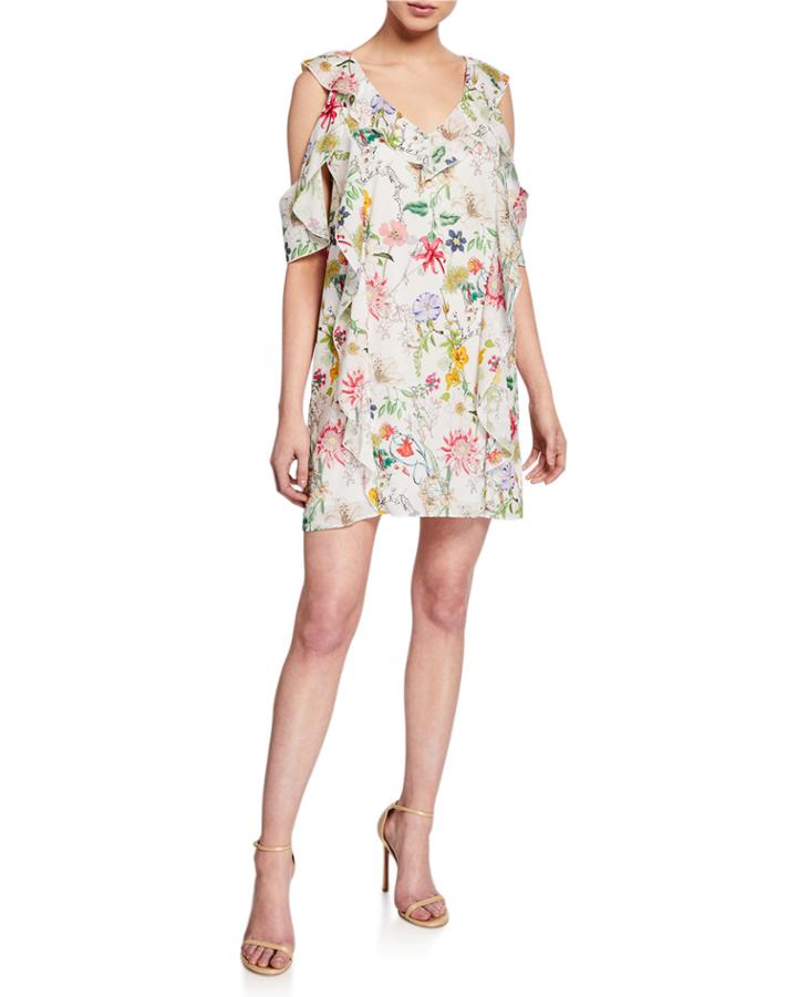 Floral V-neck Cold-shoulder Mini Ruffle