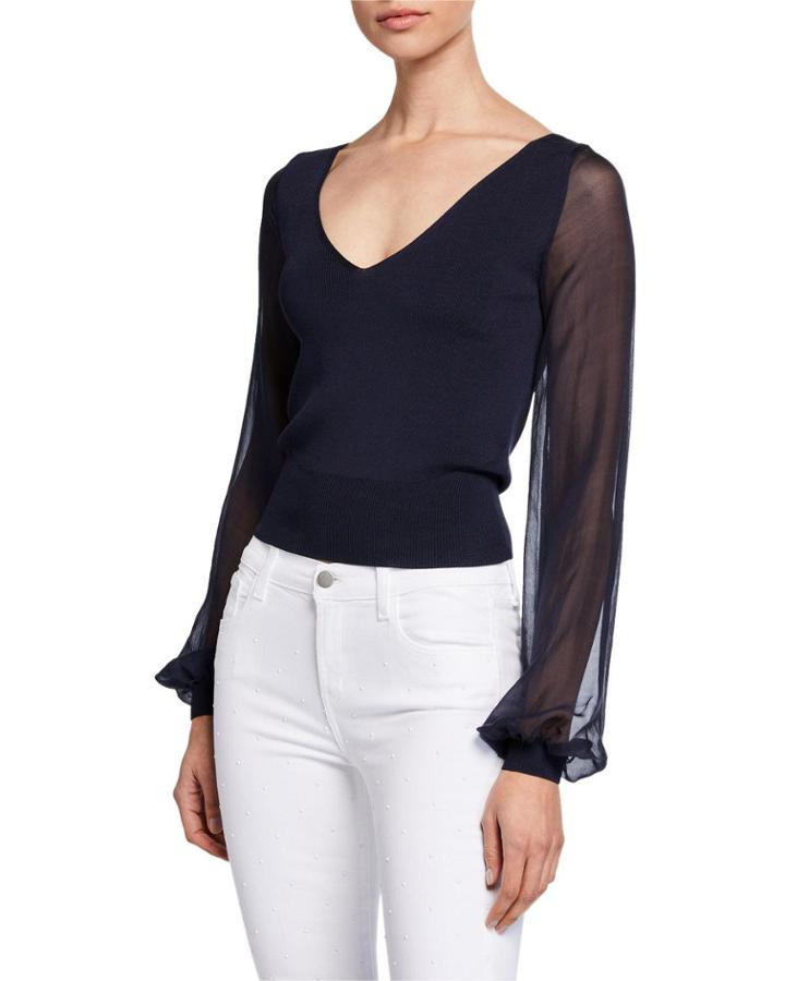 Aaron V-neck Sheer Blouson-sleeve Top