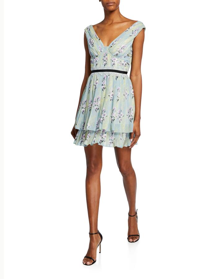 Floral-print Chiffon Pleated Ruffle Dress