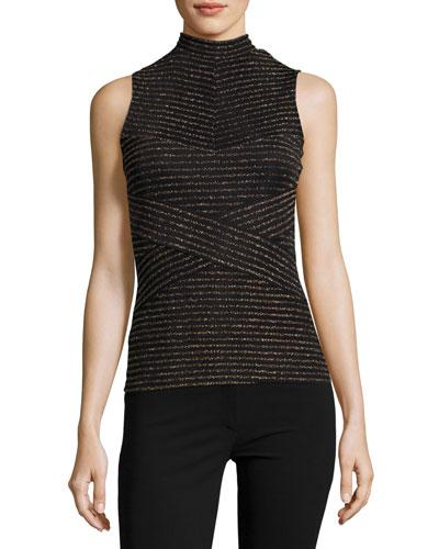 Metallic Striped Mock Neck Knit Top, Black/gold